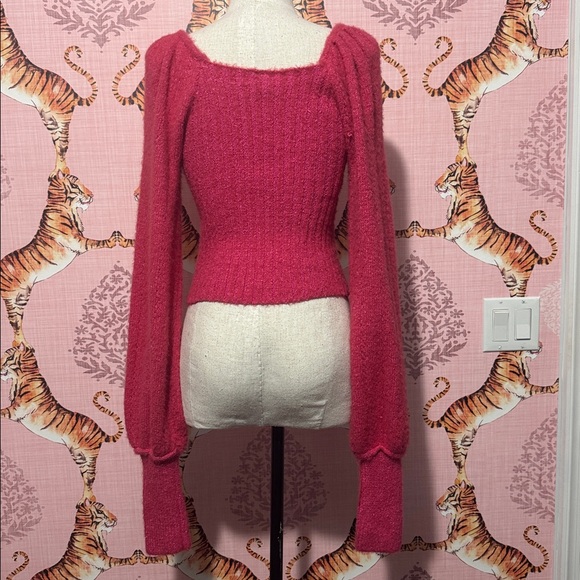 Free People KATIE HOT PINK RIBBED KNIT BALLOON SLEEVE SWEATER TOP NWT Small - Picture 5 of 7